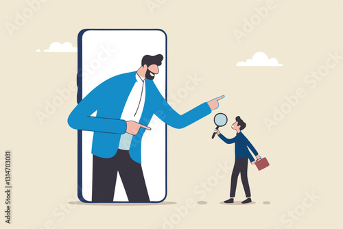 KYC, Know your customer process to identify user in online banking, cryptocurrency trading or cyber transaction concept, businessman using magnifying glass to analyze, identify user on smartphone app.