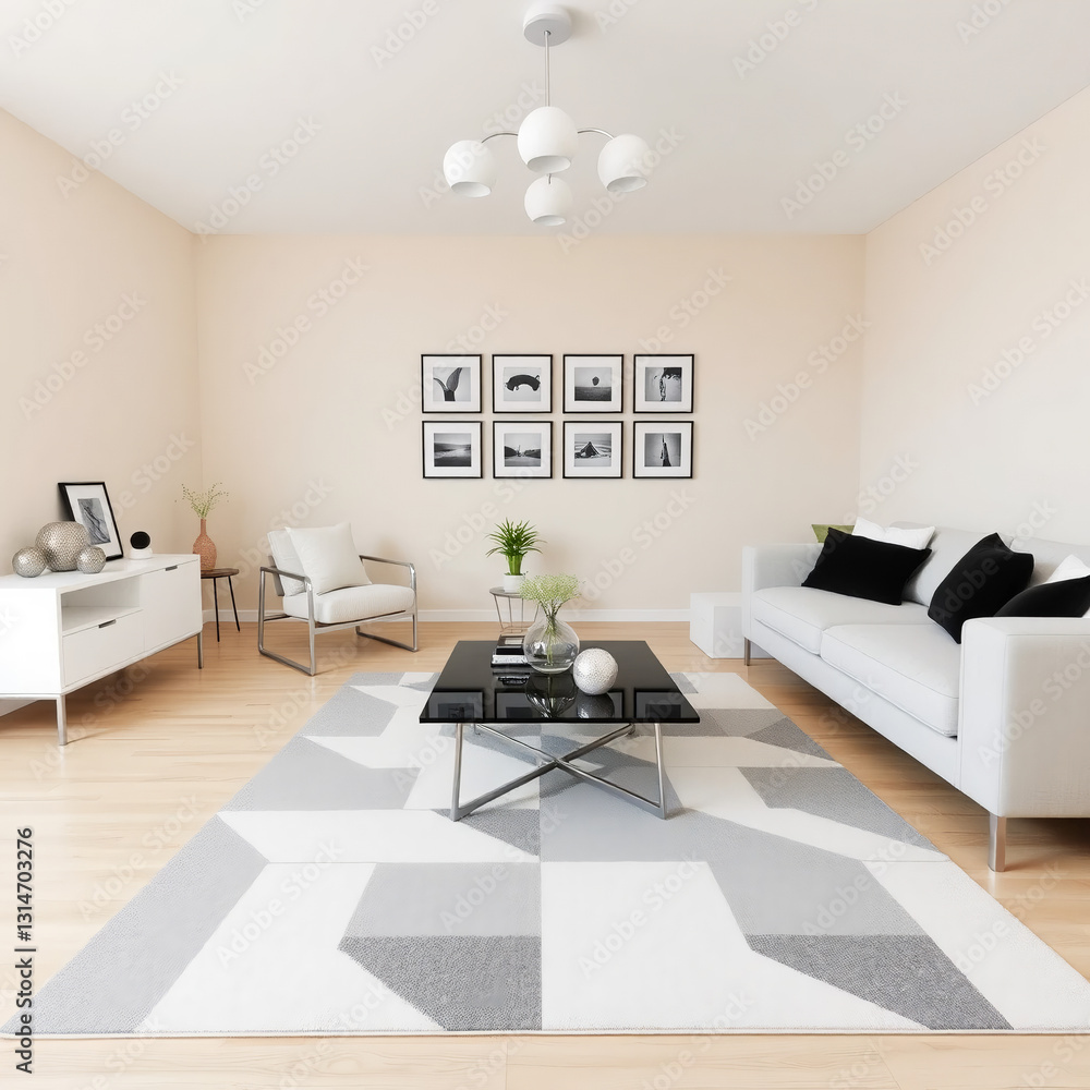 Fototapeta premium Modern Living Room Interior Beige Walls Geometric Rug White Sofa