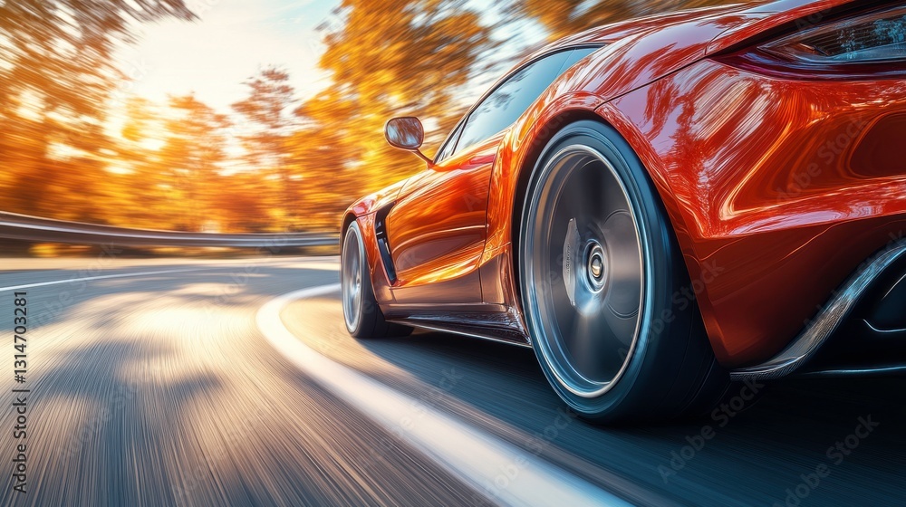 A sleek orange sports car speeds around a winding road, surrounded by vibrant autumn foliage, capturing a sense of motion and thrill. A sleek orange sports car speeds around a winding road, surrounded by vibrant autumn foliage, capturing a sense of motion and thrill.