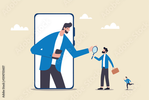 KYC, Know your customer process to identify user in online banking, cryptocurrency trading or cyber transaction concept, businessman using magnifying glass to analyze, identify user on smartphone app.