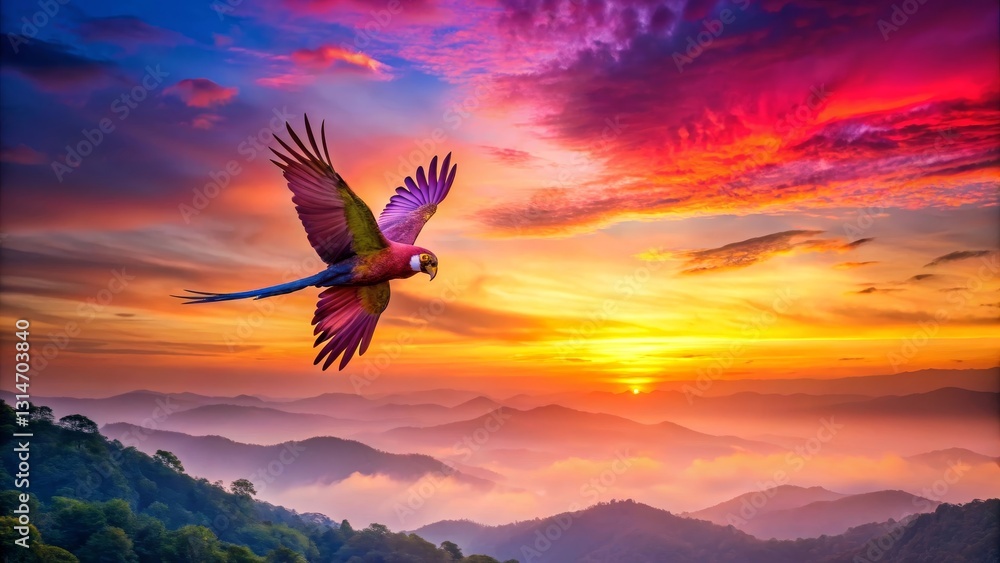 Fototapeta premium A Vibrant Parrot Soaring Through a Majestic Sunset Over Rolling Hills and Misty Valleys