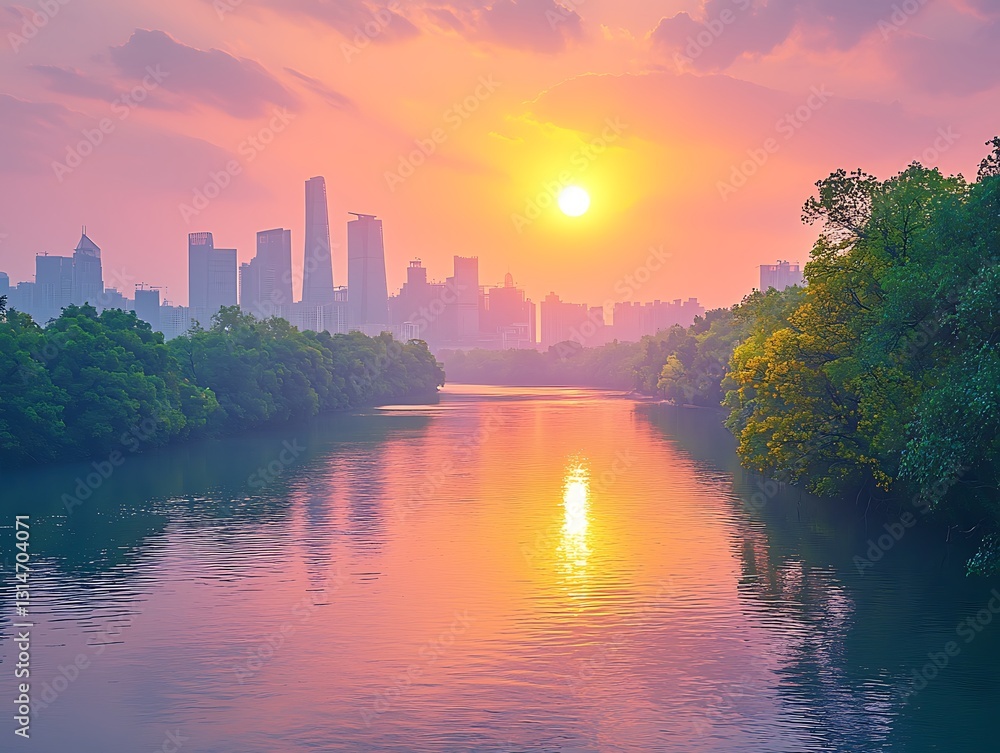 Fototapeta premium Cityscape Sunset River Reflection.