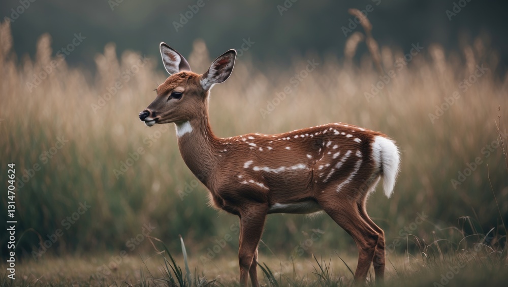 Naklejka premium Young deer gazing away with grassy backdrop