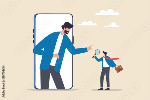 KYC, Know your customer process to identify user in online banking, cryptocurrency trading or cyber transaction concept, businessman using magnifying glass to analyze, identify user on smartphone app.