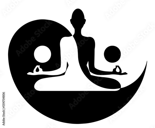Silhouette of a person in a lotus position seated at the center of the yin-yang symbol, with one half black and the other white, symbolizing balance, meditation, and inner peace.

