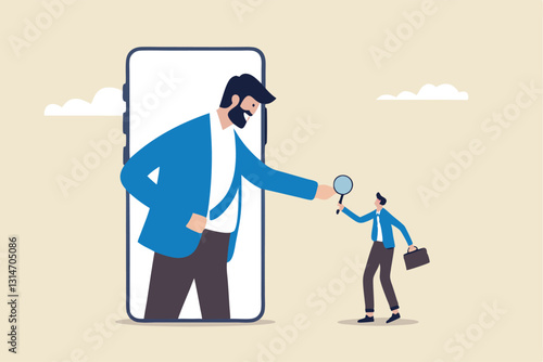 KYC, Know your customer process to identify user in online banking, cryptocurrency trading or cyber transaction concept, businessman using magnifying glass to analyze, identify user on smartphone app.