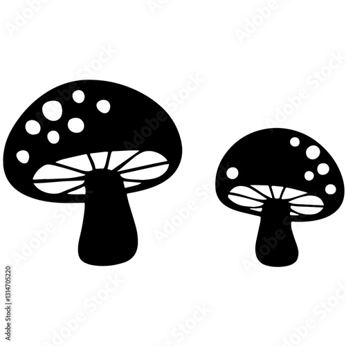 Silhouette of two fly agaric mushrooms with thick stems and wide caps, featuring round spots on the caps, one mushroom larger than the other, symbolizing danger, poison, and Halloween themes.


