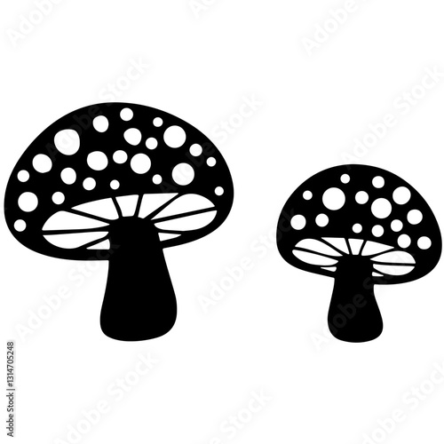 Halloween: two black silhouettes of mushrooms with white spots on their caps, one larger than the other, symbolizing danger and fright.

