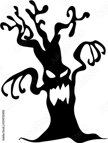 Black silhouette of a tree with branches resembling arms, featuring a sinister face with eyes and mouth resembling teeth, symbolizing Halloween fright.

