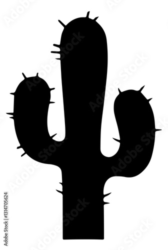plants in dry deserts: cactus silhouette with two curved side branches, classic cactus shape with a central trunk and small prickles on each stem.

