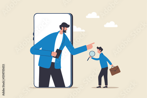 KYC, Know your customer process to identify user in online banking, cryptocurrency trading or cyber transaction concept, businessman using magnifying glass to analyze, identify user on smartphone app.