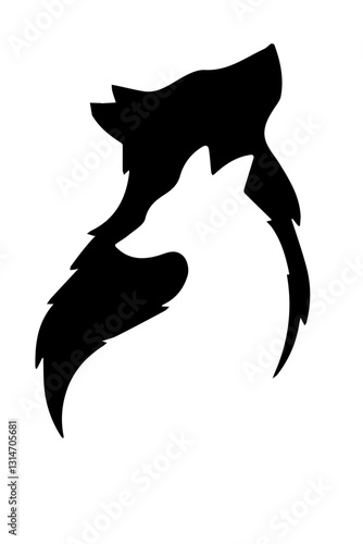 Black and white silhouette depicting two wild forest animals, a wolf and a fox, crossing their silhouettes as one wolf faces left and the other right.

