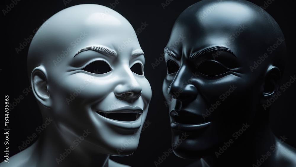 Smiling white mask facing the angry black mask. Smiling white mask facing the angry black mask.