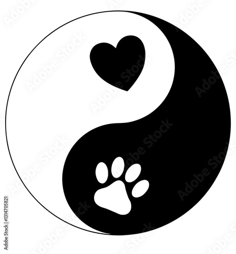 Love for pets symbolized by the yin-yang concept, with a heart and paw print, balance of compassion, animal rescue, care for pets in need, reflecting harmony between humans and animals.