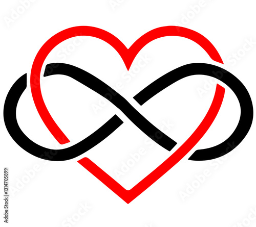 Symbol combining a red heart with a black infinity sign, creating a continuous loop around the heart, symbolizing eternal love, unbreakable bond, and endless connection.

