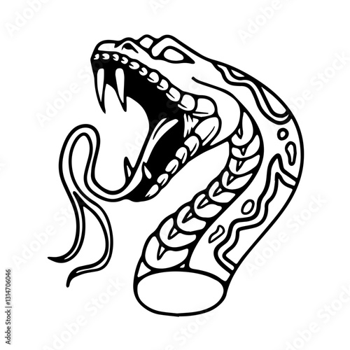 Silhouette of snake heads with open mouths, extended tongues, and body patterns of lines and swirls, designed for tattoos, symbolizing danger, transformation, and mysticism.

