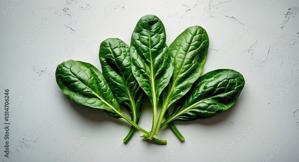 Obraz premium Fresh spinach leaves laid flat on a white background. Top view of isolated, young spinach in green.