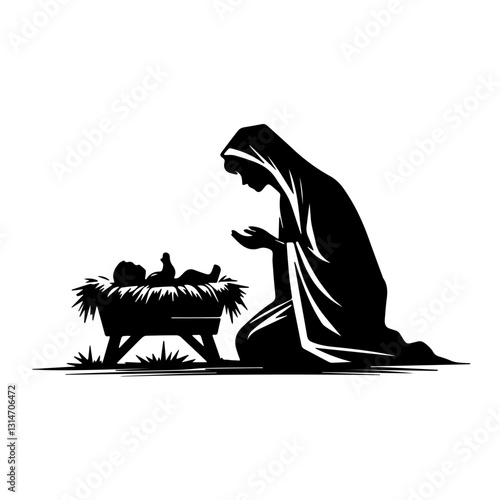 Silhouette of woman in long robe kneeling before baby in manger, peaceful nativity scene often associated with the birth of Christ and religious devotion.

