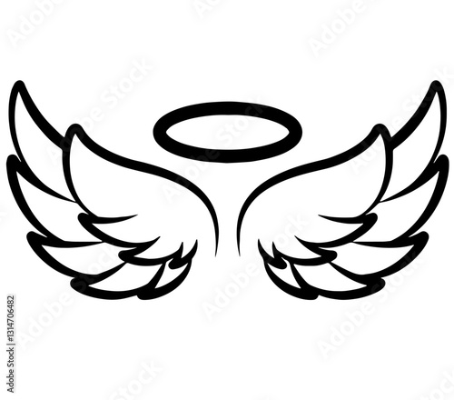 Minimalist angel wings outline with symmetrical curved design and halo floating above, simple divine concept representing peace, balance, and spirituality in abstract form.

