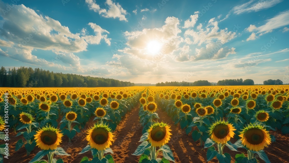 Obraz premium Panoramic view of a stunning sunflower field under the sun