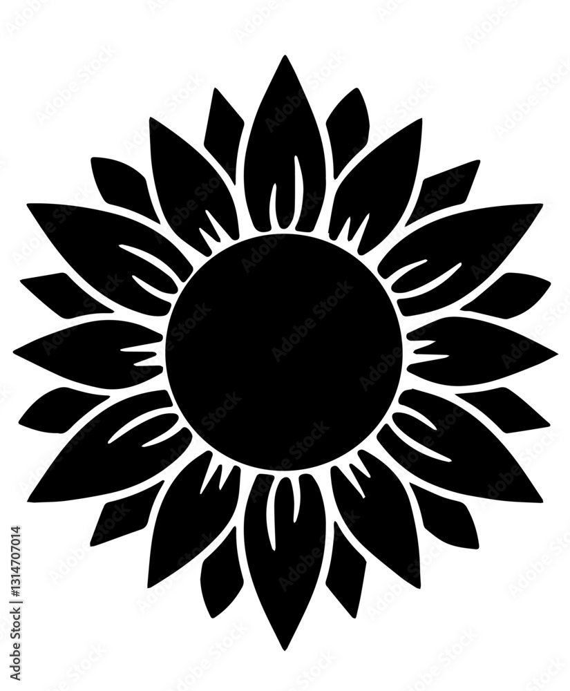 Black flower silhouette with a central circle and two rows of pointed petals, evenly distributed around the circle, symmetry Black flower silhouette with a central circle and two rows of pointed petals, evenly distributed around the circle, symmetry