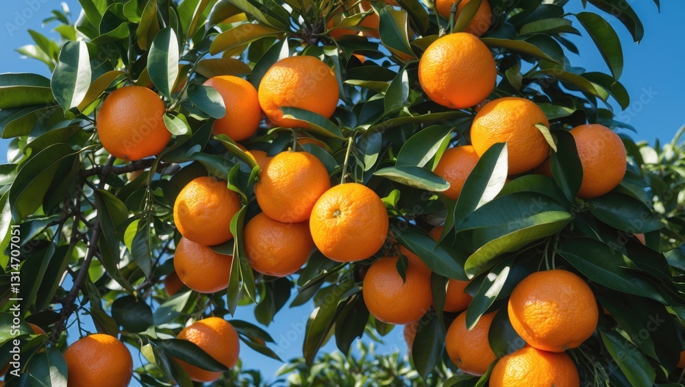 Ripe orange fruits hanging on a tree amid lush foliage. Perspective from below. Close-up. Ripe orange fruits hanging on a tree amid lush foliage. Perspective from below. Close-up.