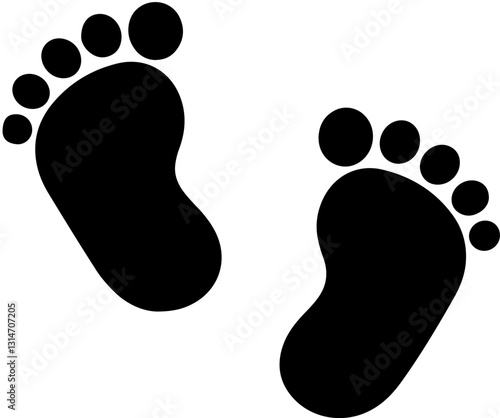 Black Silhouette of Two Children's Footprints, Concept of Newborn Footprints, Birth, and Early Development, Representing Innocence and Beginning of Life.

