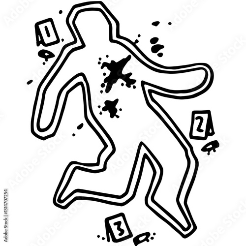 Outline of a Crime Scene with Human Figure, Blood Stains, and Numbered Evidence Markers, Crime Scene, Investigation, and Forensic Procedure, Crime and Detective Work.