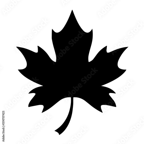 Black silhouette of a maple leaf with five sharp points and a curved stem, autumn leaves, symbol of Canada.