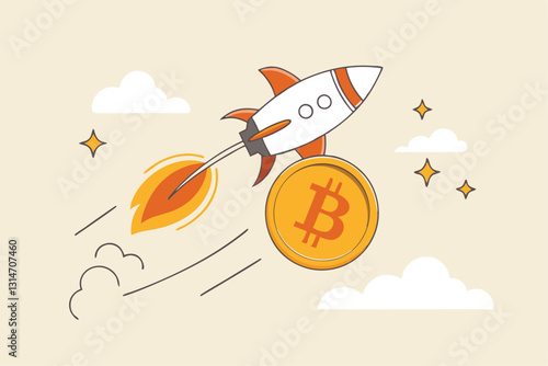 Bitcoin price skyrocket hit record high, cryptocurrency investor got rich with growth high value trading concept, speedy rocket ship holding bitcoin physical coin flying high through space cloud.