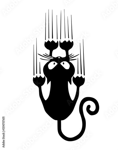 Black silhouette of a cat scratching the surface with its claws, looking upwards, its tail curled into a spiral shape, representing curiosity and playfulness.