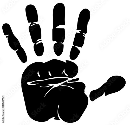 Black silhouette of a handprint with all five fingers clearly visible, including a slightly tilted thumb, symbolizing human connection, identity, and individuality