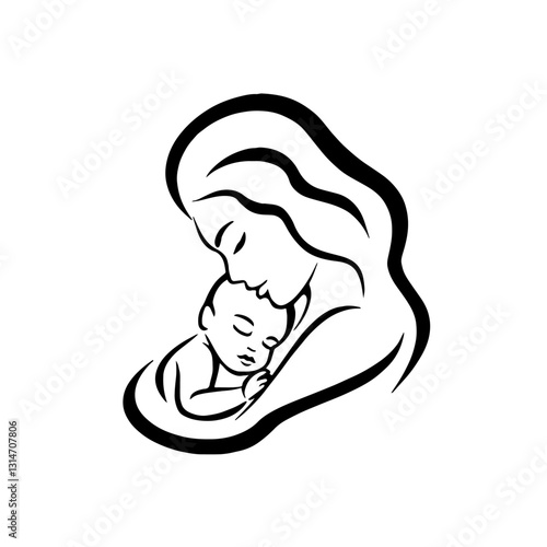 Motherhood. silhouette of a mother gently hugging and kissing her baby, smooth lines creating an image of love, care, and maternal affection.