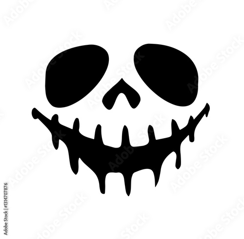 Halloween black silhouette of a skull face with large oval eyes, a small triangular nose, and wide, dripping teeth, creating a menacing and terrifying expression.