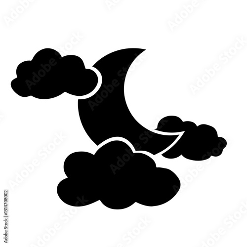 Black crescent moon surrounded by clouds on dark night sky background.