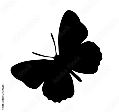 Butterfly silhouette with spread wings, one wing round, one elongated.