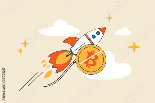 Bitcoin price skyrocket hit record high, cryptocurrency investor got rich with growth high value trading concept, speedy rocket ship holding bitcoin physical coin flying high through space cloud.