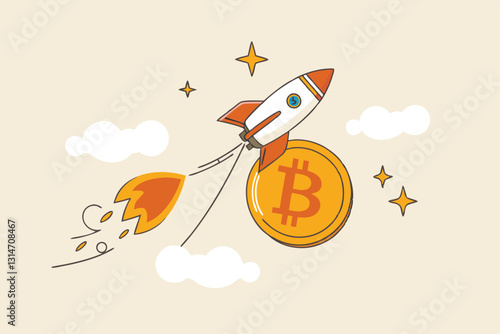 Bitcoin price skyrocket hit record high, cryptocurrency investor got rich with growth high value trading concept, speedy rocket ship holding bitcoin physical coin flying high through space cloud.