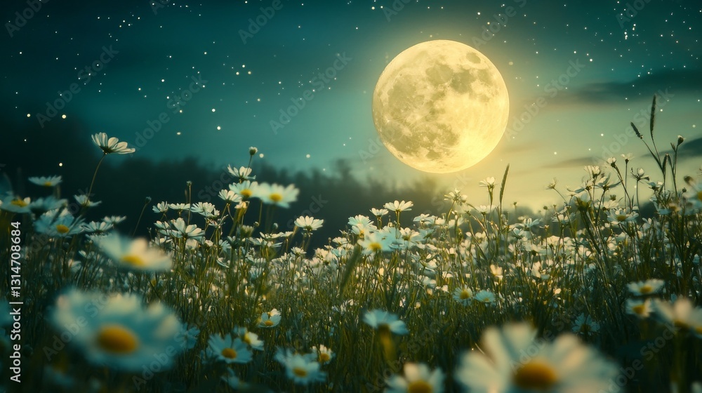 Full moon glowing brightly in the night sky, with a field of wildflowers in the foreground Full moon glowing brightly in the night sky, with a field of wildflowers in the foreground