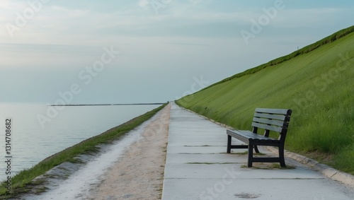 A lonely wooden bench is placed on a coastal path situated between the sea and a green dike slope. The minimalist landscape extends to the horizon where the path appears to vanish into the distance.