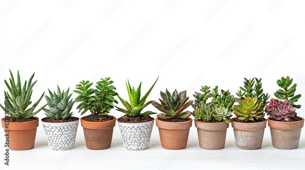 Succulents in terracotta pots, white background, home decor Succulents in terracotta pots, white background, home decor