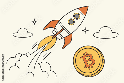 Bitcoin price skyrocket hit record high, cryptocurrency investor got rich with growth high value trading concept, speedy rocket ship holding bitcoin physical coin flying high through space cloud.
