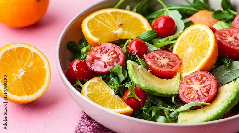 Vibrant Citrus Salad With Avocado, Tomatoes, and Arugula in a Bowl on a Pink Background Vibrant Citrus Salad With Avocado, Tomatoes, and Arugula in a Bowl on a Pink Background