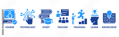 Online education icon set illustration concept with icon of course, technology, study, teacher, training, learn and knowledge 