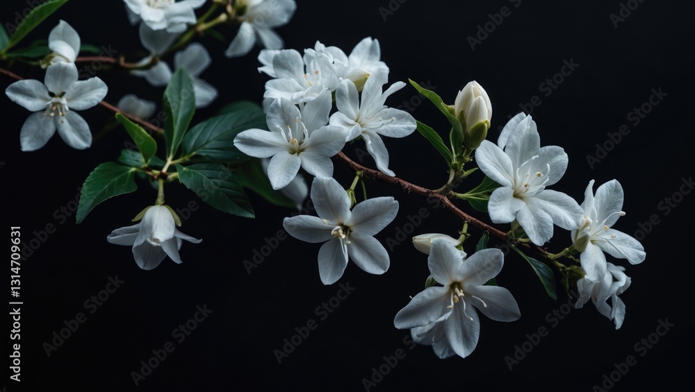 Fototapeta premium Jasmine branch set against a black background. Fragrant flower. Gloomy beauty.