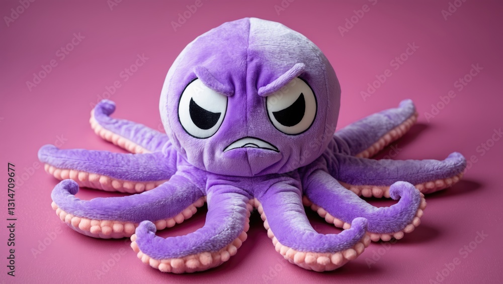 Photography of a violet plush octopus toy isolated. The toy is utilized to convey emotions. The octopus displays an angry expression. Photography of a violet plush octopus toy isolated. The toy is utilized to convey emotions. The octopus displays an angry expression.