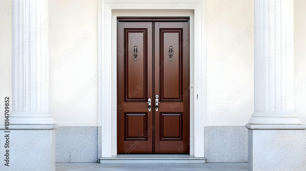 Elegant Brown Double Door Entrance With White Walls Columns and Stone Steps in a Modern Residential Building Elegant Brown Double Door Entrance With White Walls Columns and Stone Steps in a Modern Residential Building