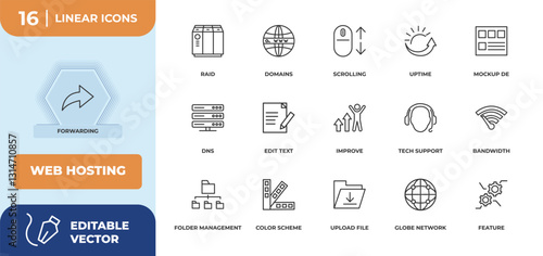 outline icons set - web hosting concept. forwarding, raid and more.