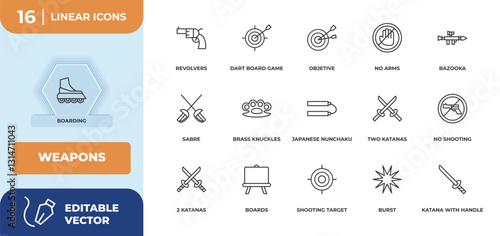 outline icons set - weapons concept. boarding, revolvers and more.
