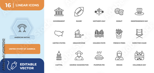 outline icons set - united states of america concept. american native, government and more.